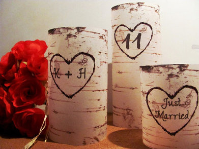 Valentine’s Sweetheart Wedding: heart carved tree trunk luminaries #PreppyPlanner