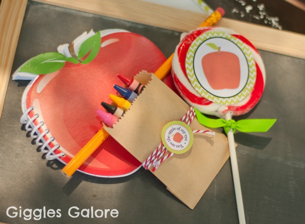 notebooks, crayons, and favors with an apple theme make a great party favor or first day of school gift for a teacher #PreppyPlanner
